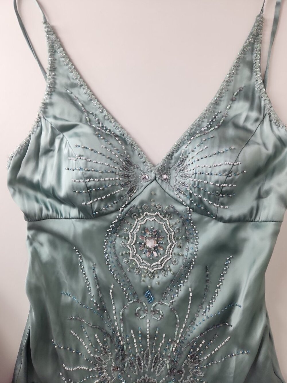 SUE WONG Nocturne silk vintage sage green embellished beaded Evening Dress gown - Picture 7 of 15